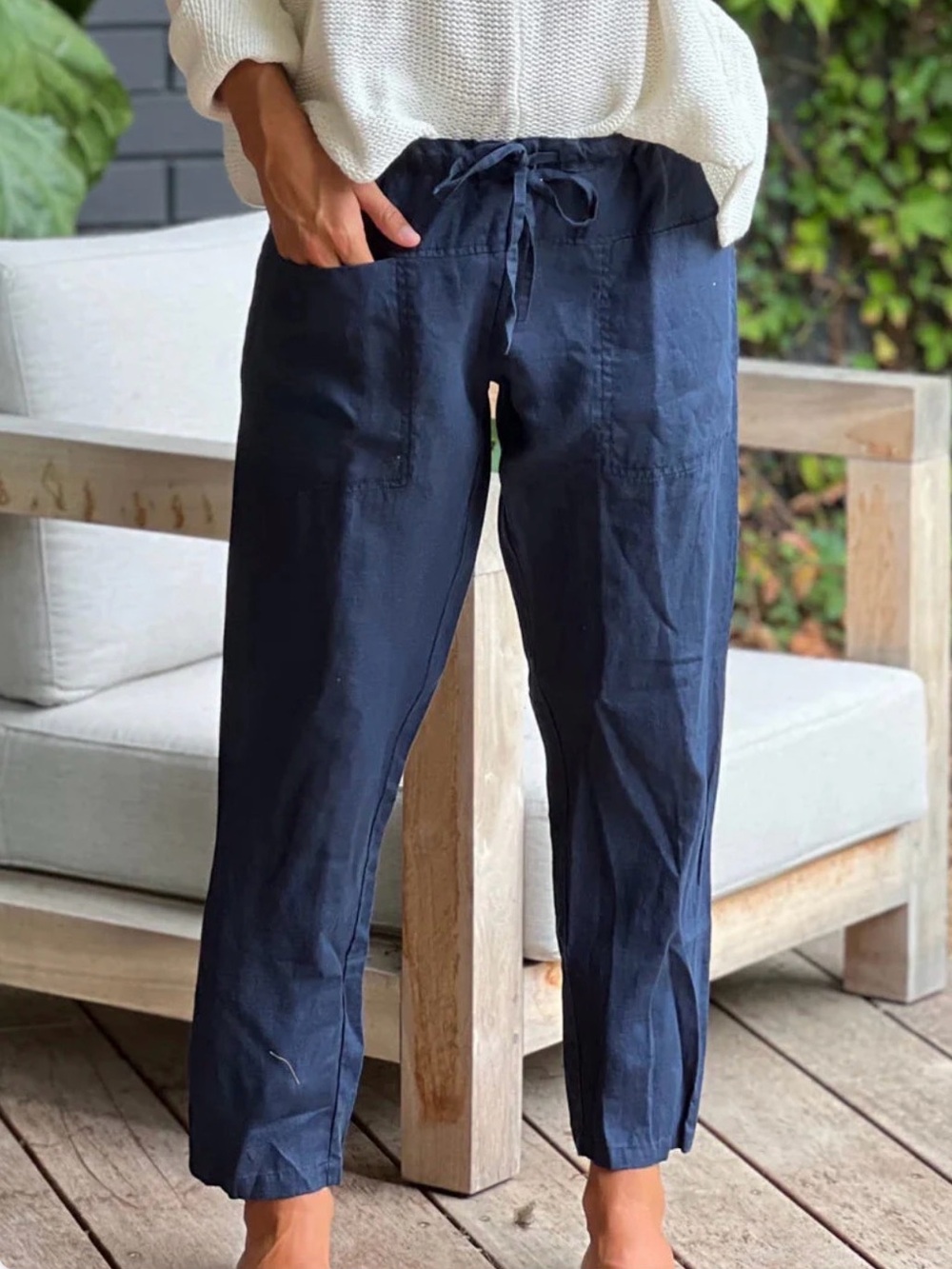 Frocck Drawstring Navy Linen Pants for Women